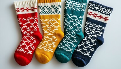 Colorful Nordic-patterned socks isolated on a white surface, top view, capturing winter warmth and festive spirit in ultra HD quality