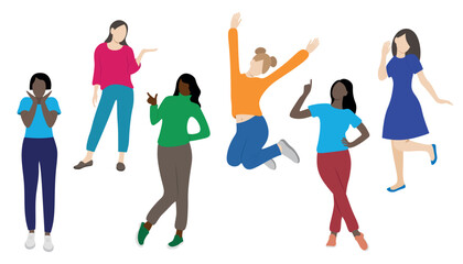 Young cheerful girls with different skin colors posing, faceless illustration, flat style, isolate on white