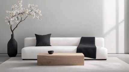 Modern living room with a white sofa and a wooden coffee table in the center. the sofa has two black throw pillows on it and a black blanket draped over it.