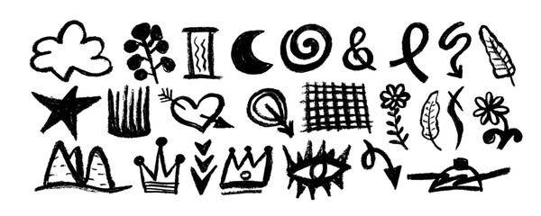 Collection of hand drawn black charcoal doodle shapes and squiggles in childish girly style. Pencil drawings isolated on white. Crown, grid,  star , flower, heart and rainbow doodle collage elements.