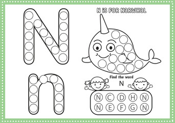 dot marker alphabet coloring and activity page with outline vector for Pre-school Kids

