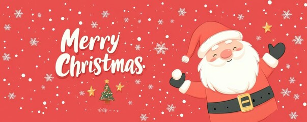 Festive cartoon illustration of Santa Claus with snowflakes and a Merry Christmas greeting