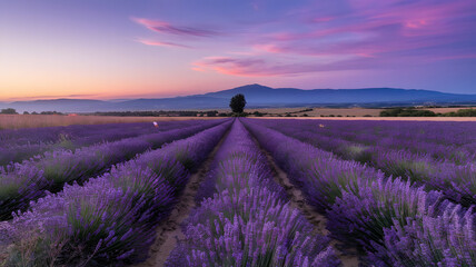 Fototapeta premium Lavender fields stretching into the horizon at dusk.