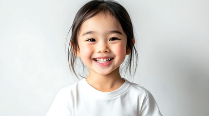 Asian child beaming with happiness, t-shirt-clad, isolated on a clean white background, realistic studio portrait