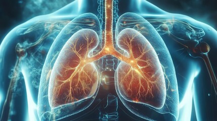 This captivating image displays a luminous 3D representation of human lungs, highlighting detailed anatomy and respiratory health, serving as a useful tool for medical education and research