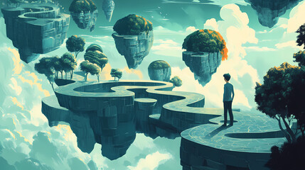 Surrealist mindscape depicting mental health journey labyrinthine paths through floating islands of emotion. Labyrinthine. Illustration