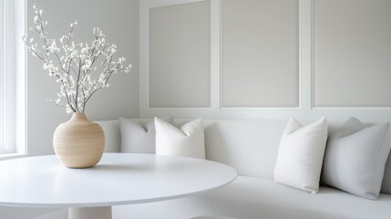 Modern living room with a white sofa and a round white coffee table in the center. on the coffee table, there is a vase with white flowers in it.