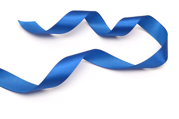 Blue glow nacre color wave silk ribbon with light shadow on white background.
