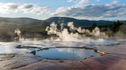 Hot springs with natural steam against a scenic backdrop.