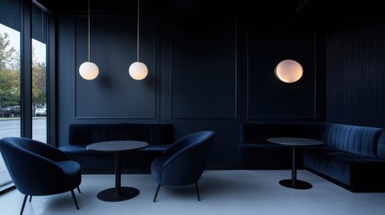 Modern and minimalist interior of a room with dark blue walls and flooring. the room has a large window on the left side, allowing natural light to enter the space.