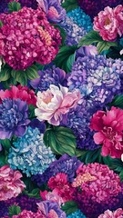 Obraz premium Beautiful and colorful hydrangea and peony vector seamless background