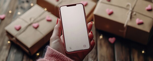 Hand holding pink iPhone with heart on screen and cute gifts