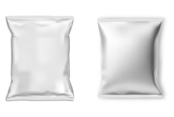 Plastic food bag vector blank. Snack package design illustration. Potato chips foil pillow bag. Shiny rectangle wrapping for soup or chocolate, with metallic protection. Candy packet, polythene paper