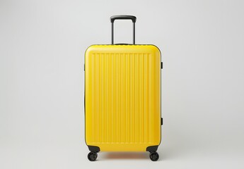 Bright yellow suitcase stands ready for a journey.  Perfect for a weekend getaway or a longer trip.
