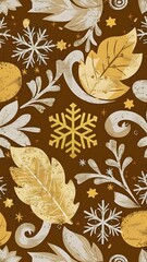 Vintage seamless pattern on a brown, beige and yellow colors with golden elements. snowflake, new year.