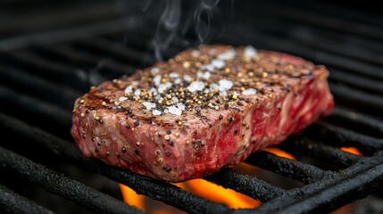 A juicy steak sizzling on a grill, seasoned with salt and pepper.