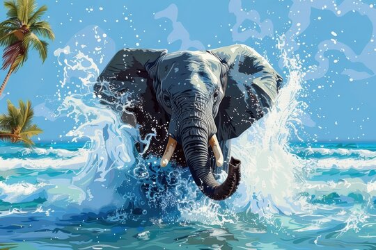 An elephant splashes through vibrant ocean waves under a clear blue sky.