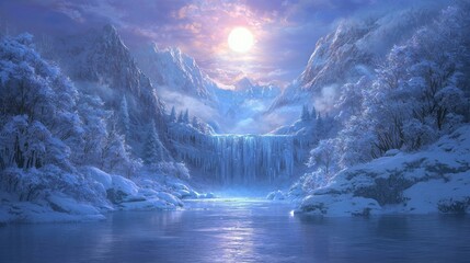 Enchanted Christmas Gathering by the Frozen Waterfall under Moonlight | Mystical Winter Celebration for Mythical Beings
