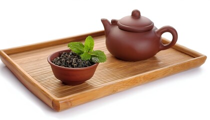 A classic brown teapot sits alongside a bowl of tea leaves with fresh mint, elegantly arranged on a wooden tray. Perfect for tea enthusiasts appreciating simple and natural aesthetics