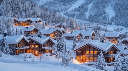 Cozy Cabin Village Nestled in Snowy Mountains at Twilight
