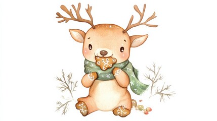 Cute reindeer holding a gingerbread cookie, wearing a green scarf, surrounded by festive elements