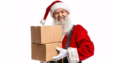 Smiling Santa Claus carrying cardboard boxes, isolated on a white background.