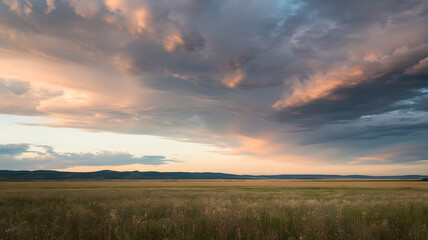 A vast prairie with dramatic clouds and soft light.