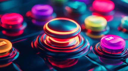Close-up of vibrant, glowing buttons on a futuristic control panel.
