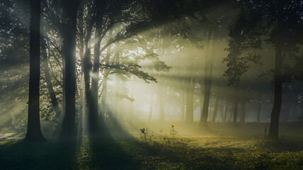 Obraz premium A misty forest at dawn with sunbeams breaking through trees.