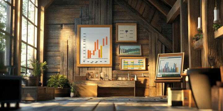 rustic wooden office with dynamic stock market charts.