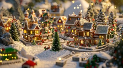 Fototapeta premium Enchanting Christmas Village: Fantasy Creatures Celebrating the Holidays with Vibrant Decorations and Gift Exchange