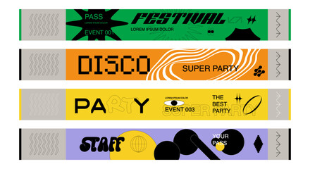 Control ticket bracelets for events, disco, festival, fan zone, party, staff. Vector mockup of a festival bracelet in a futuristic y2k style