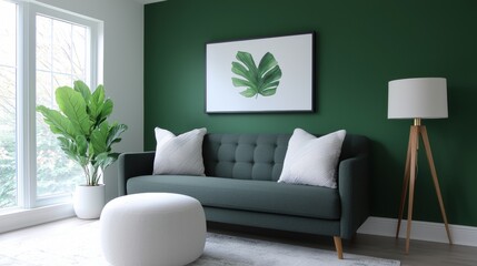 Modern living room with a large window on the left side. the walls are painted in a dark green color and the floor is covered with a light-colored rug.