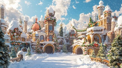 Obraz premium Enchanting Christmas Village of Fantasy Creatures | Vibrant Festive Decorations and Holiday Spirit in Ultra-Detailed Setting