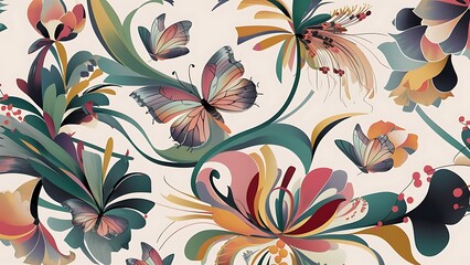 Abstract floral pattern. Seamless pattern with flowers and butterfly. Floral background.
