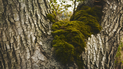 Obraz premium Tree bark texture with moss patches.