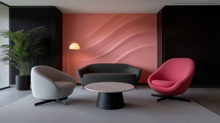 Modern living room with a minimalist design. the room has a large window on the left side, allowing natural light to enter the space.