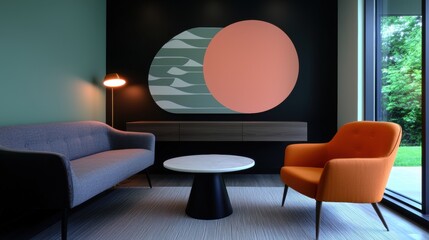 Modern living room with a large window on the right side. the window has a view of trees and greenery outside.