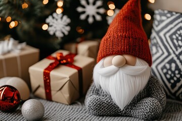 Delightful Christmas gnome with long red hat and cozy ambiance near beautifully decorated tree