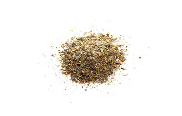 Pile of dried oregano leaves isolated on white background