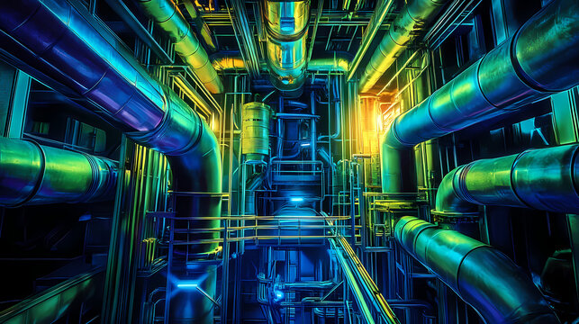Mysterious high-angle views of labyrinthine pipes and ductwork inside glowing radioactive containment chambers with neon green and blue hues. Labyrinthine. Illustration