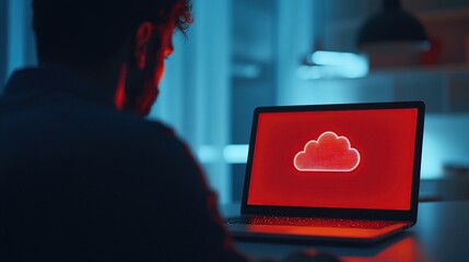 Programmer working on laptop after hack attack, cloud drive symbol