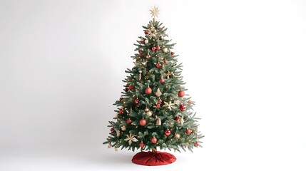 A beautifully decorated Christmas tree against a white background, captured in a studio shot for a clean look.