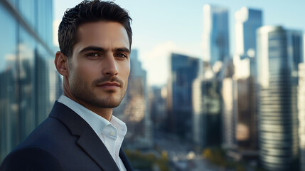 Fototapeta premium Confident Businessman Close-Up with Modern Cityscape Background – High Detail