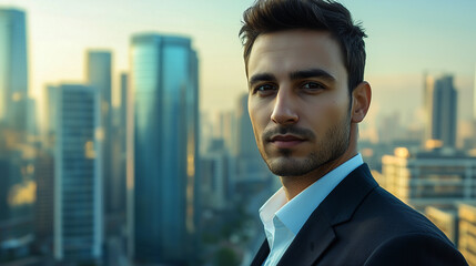 Fototapeta premium Professional Man in Suit Against Modern City Skyline – Photorealistic Portrait