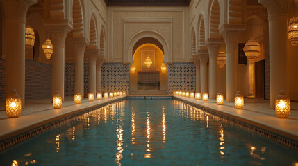 Luxurious indoor pool surrounded by ornate Arabic architecture