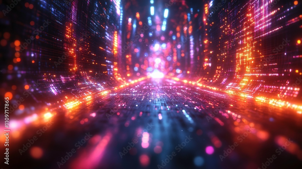 Poster vibrant neon light trail through a data stream in a futuristic environment with glowing particles an