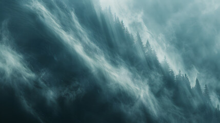 Fototapeta premium A misty, cloudy sky with a mountain range in the background