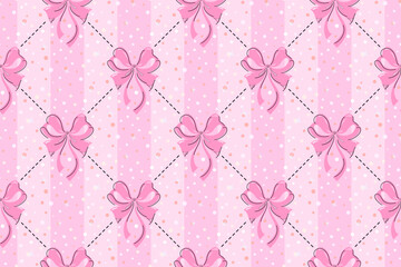 Pink bows and lines seamless pattern with small colorful dots, confetti or snowflakes background. Christmas or Valentines day holiday design
