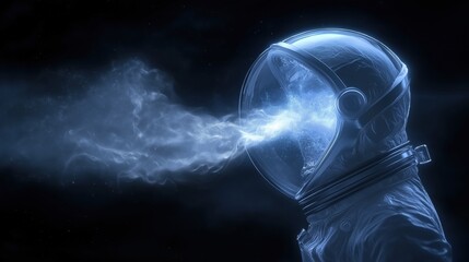 Astronaut in outer space, wearing a full-body suit and helmet. the astronaut is facing towards the right side of the image, with his head turned towards the left side.